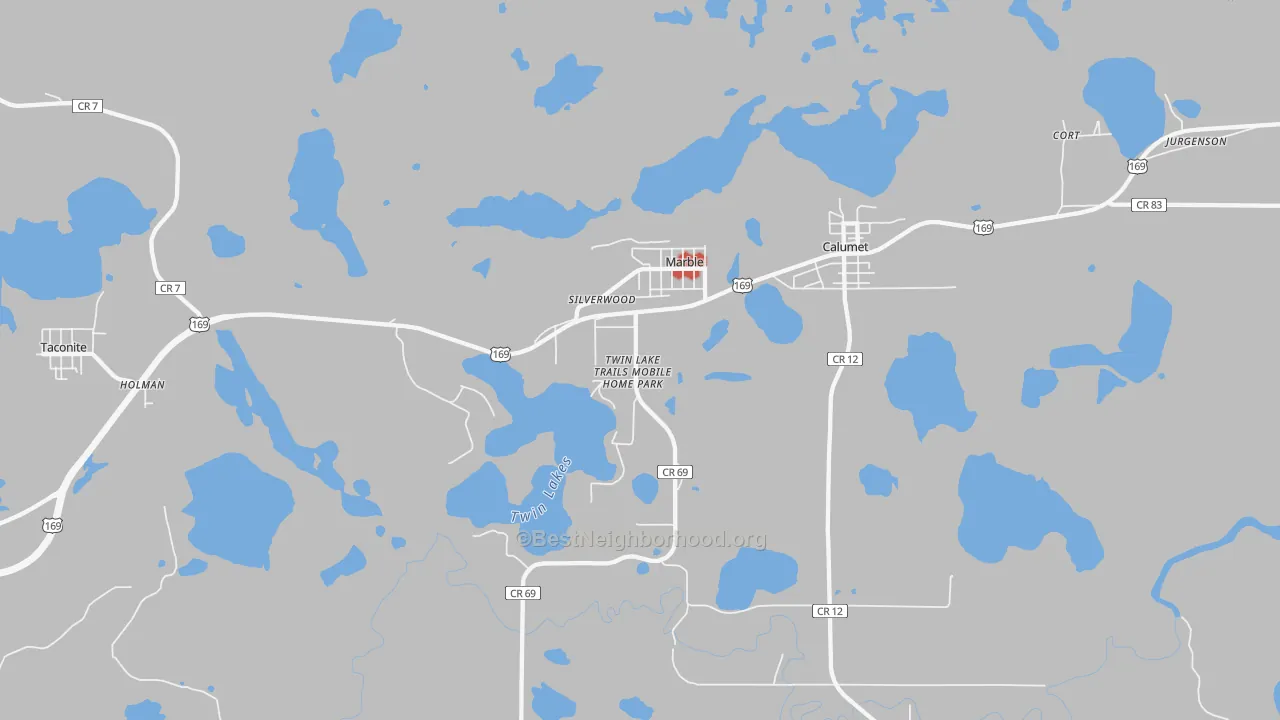 Walk Grade map of Marble, MN, walkable areas in green and car-dependent areas in red