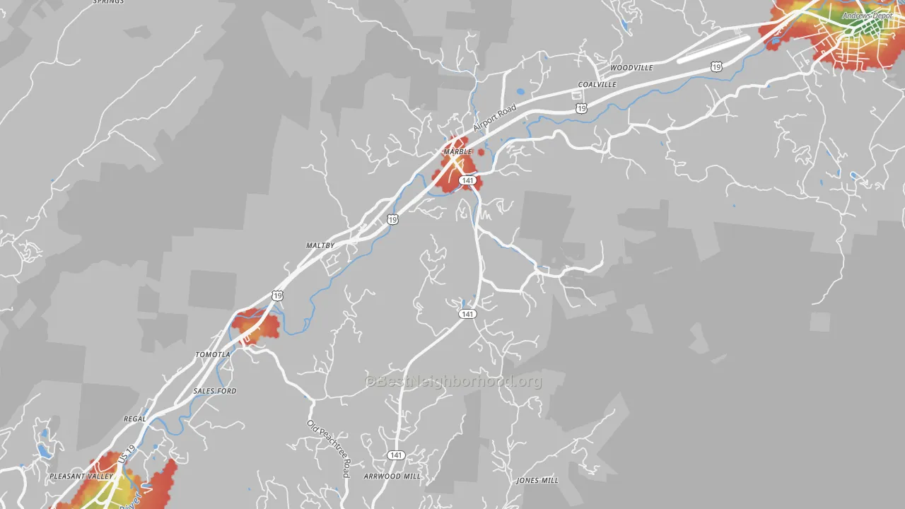 Walk Grade map of Marble, NC, walkable areas in green and car-dependent areas in red