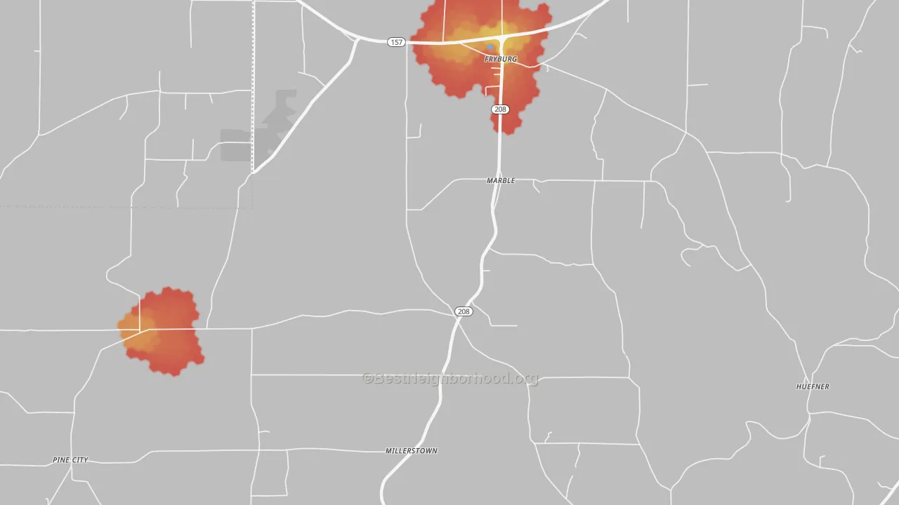 Walk Grade map of Marble, PA, walkable areas in green and car-dependent areas in red