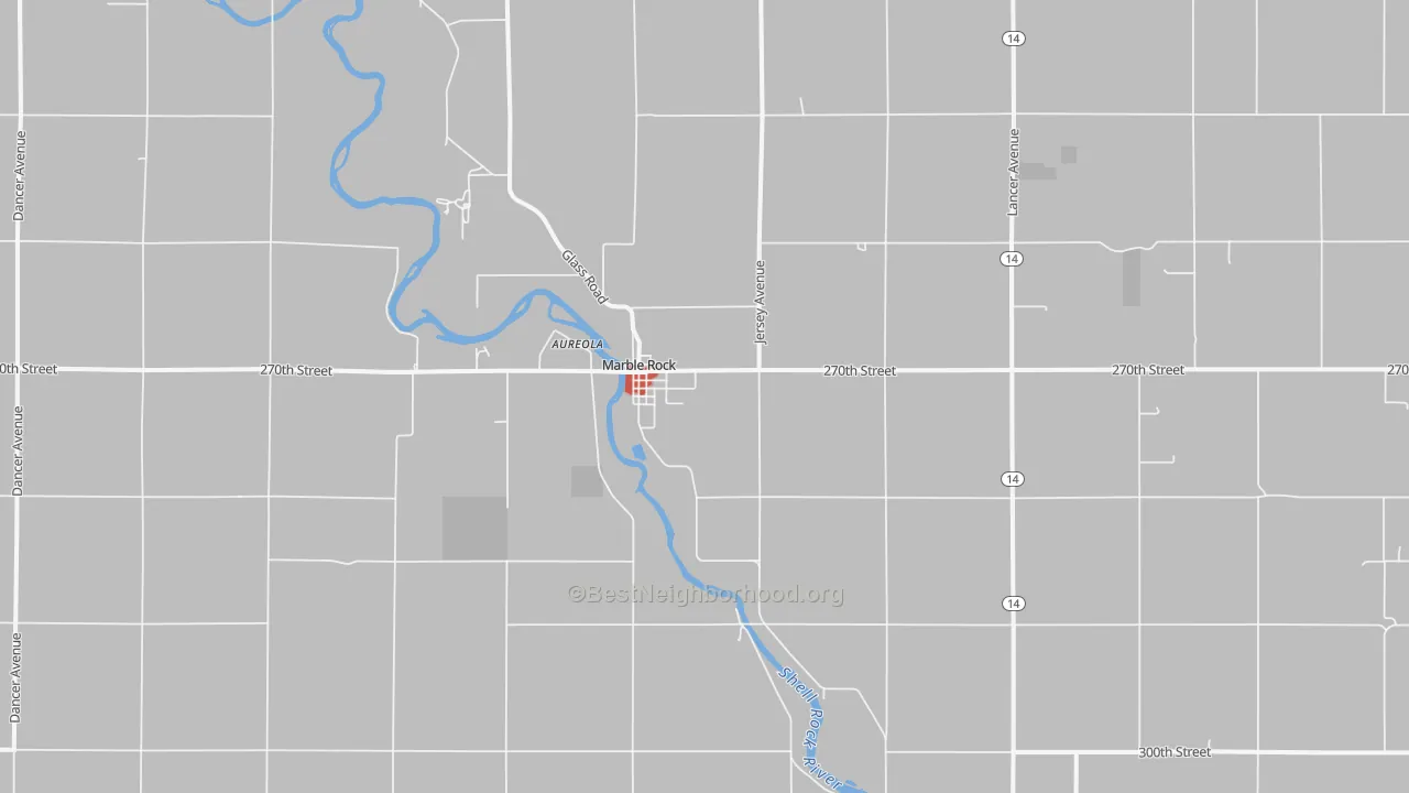 Walk Grade map of Marble Rock, IA, walkable areas in green and car-dependent areas in red