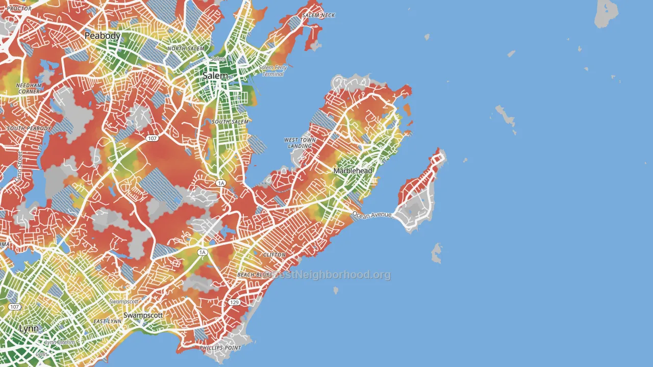 Walk Grade map of Marblehead, MA, walkable areas in green and car-dependent areas in red