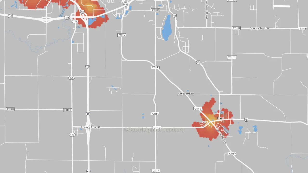 Walk Grade map of Marblehead, WI, walkable areas in green and car-dependent areas in red