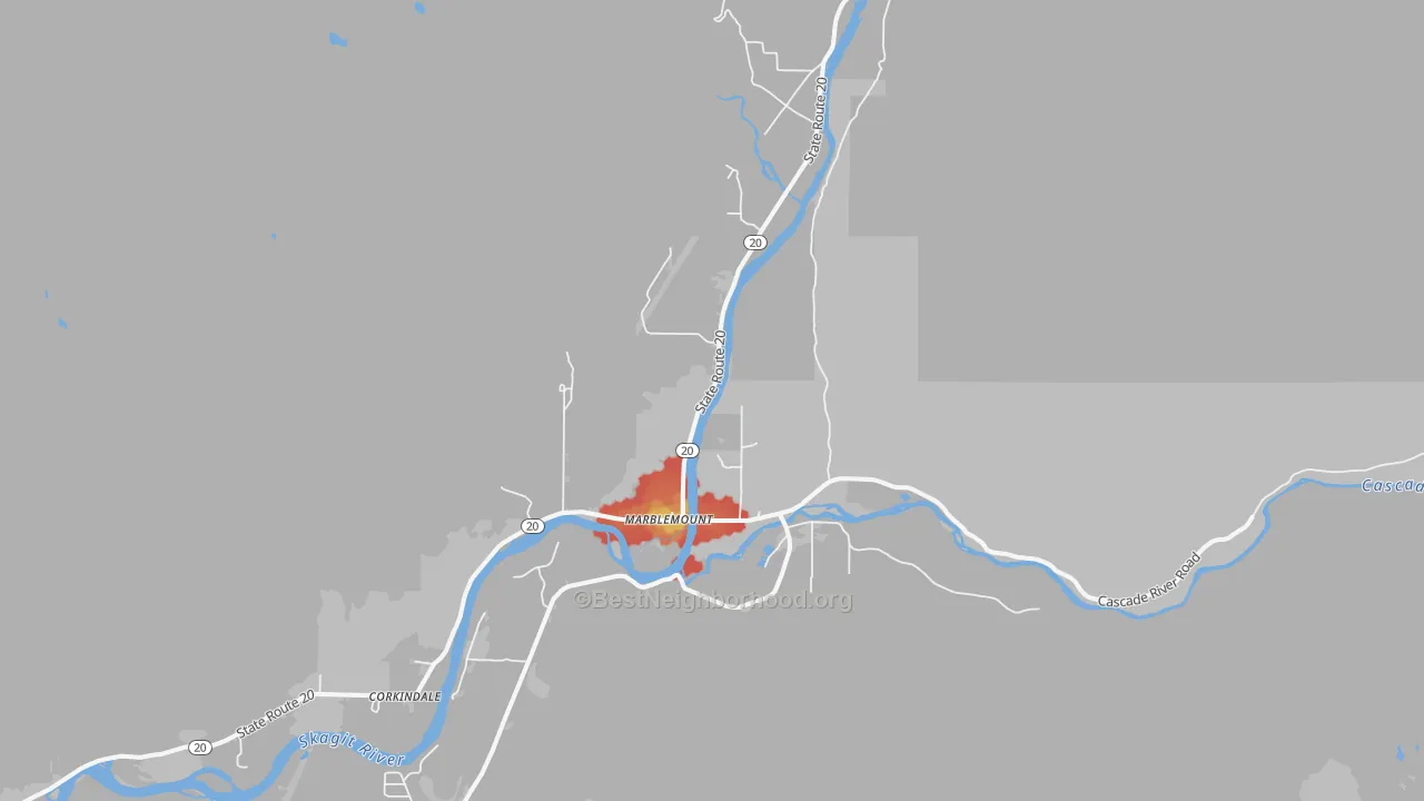 Walk Grade map of Marblemount, WA, walkable areas in green and car-dependent areas in red
