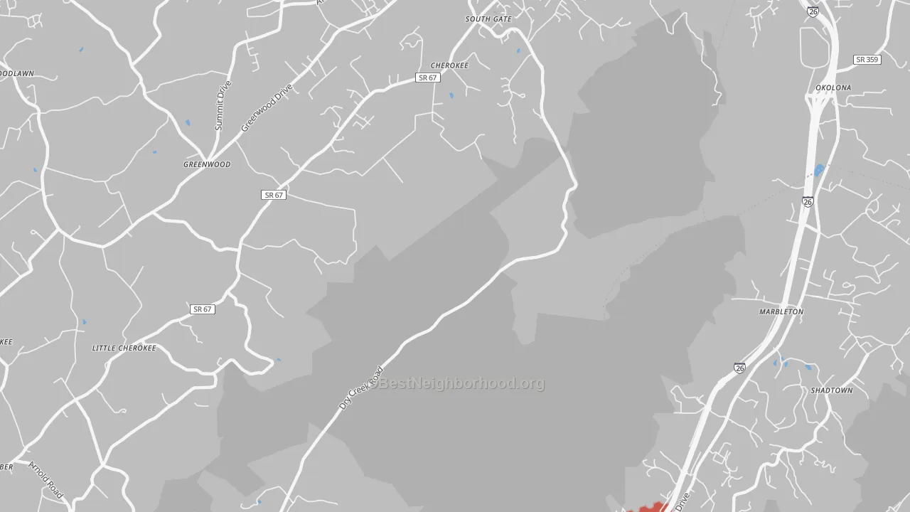 Walk Grade map of Marbleton, TN, walkable areas in green and car-dependent areas in red