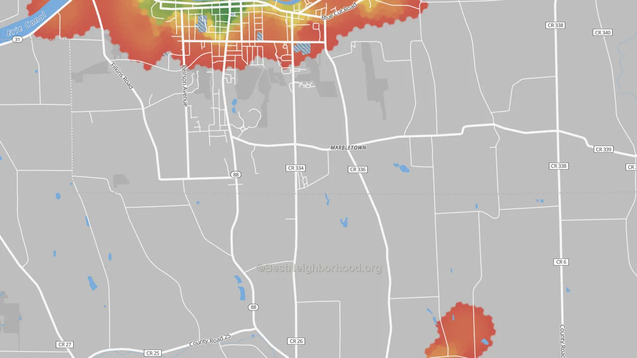Walk Grade map of Marbletown, NY, walkable areas in green and car-dependent areas in red