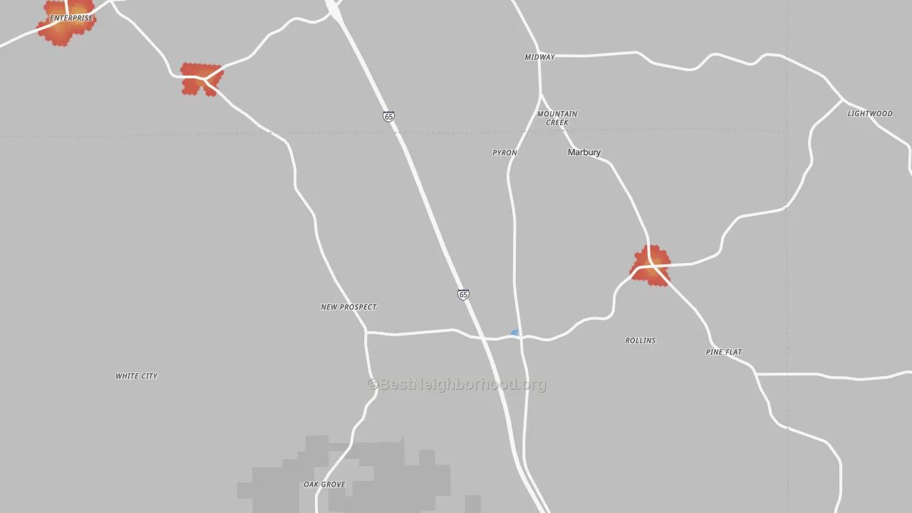 Walk Grade map of Marbury, AL, walkable areas in green and car-dependent areas in red