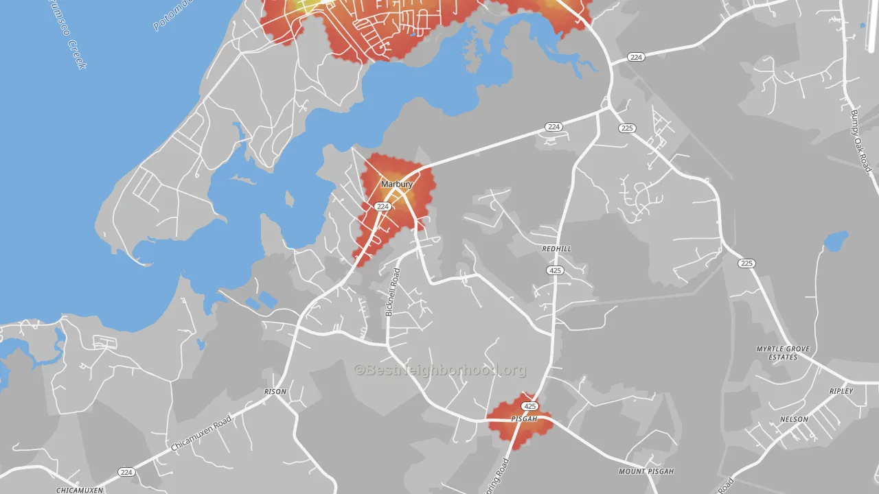 Walk Grade map of Marbury, MD, walkable areas in green and car-dependent areas in red