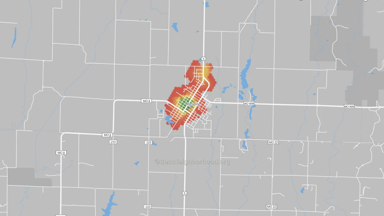 Walk Grade map of Marceline, MO, walkable areas in green and car-dependent areas in red
