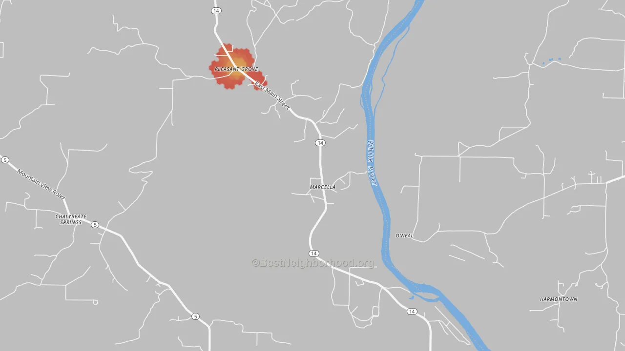 Walk Grade map of Marcella, AR, walkable areas in green and car-dependent areas in red