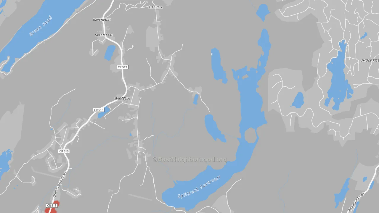 Walk Grade map of Marcella, NJ, walkable areas in green and car-dependent areas in red