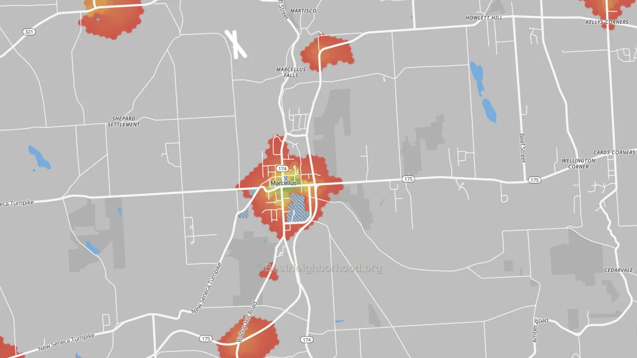 Walk Grade map of Marcellus, NY, walkable areas in green and car-dependent areas in red
