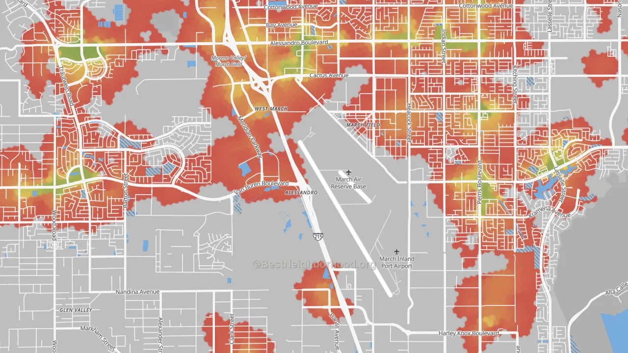 Walk Grade map of March ARB, CA, walkable areas in green and car-dependent areas in red