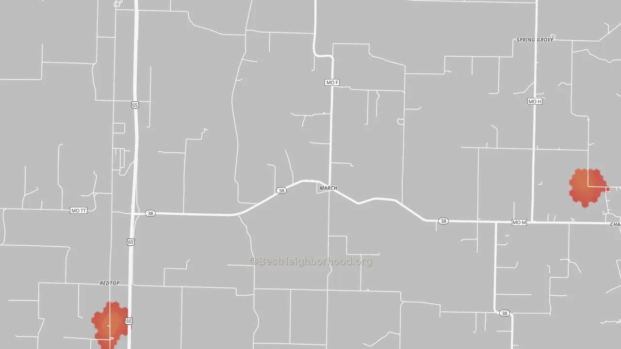 Walk Grade map of March, MO, walkable areas in green and car-dependent areas in red