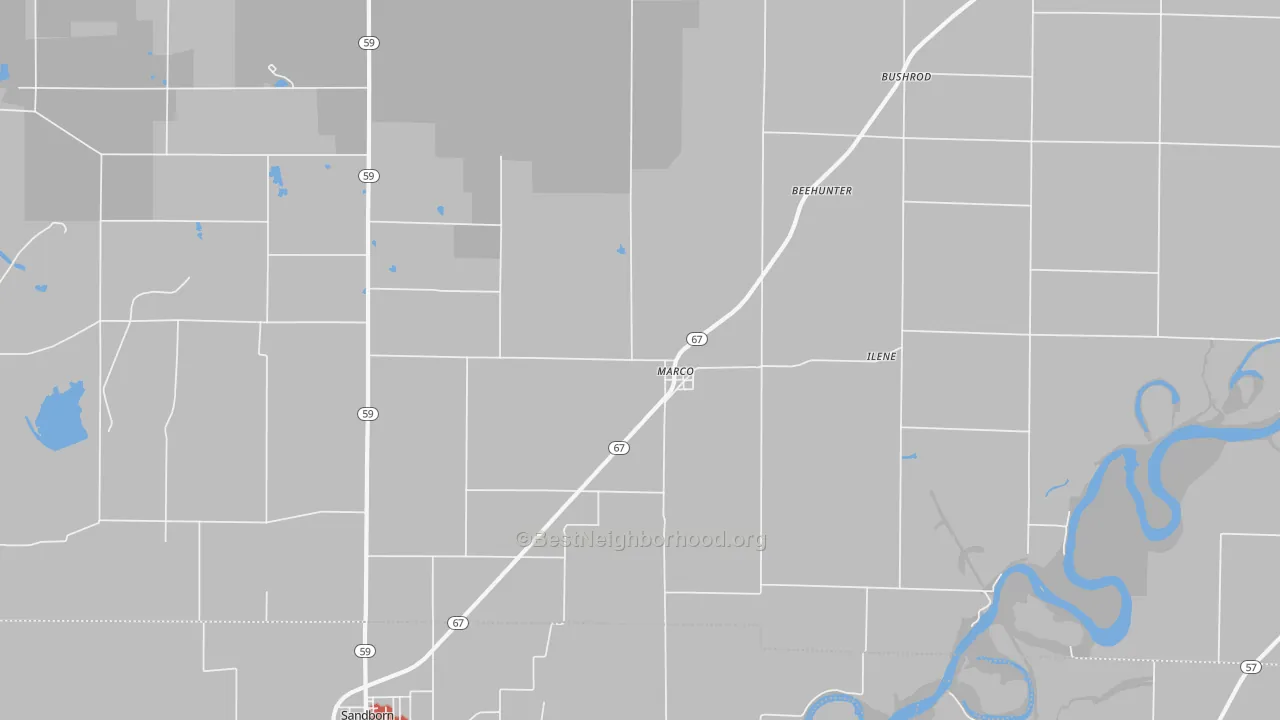 Walk Grade map of Marco, IN, walkable areas in green and car-dependent areas in red