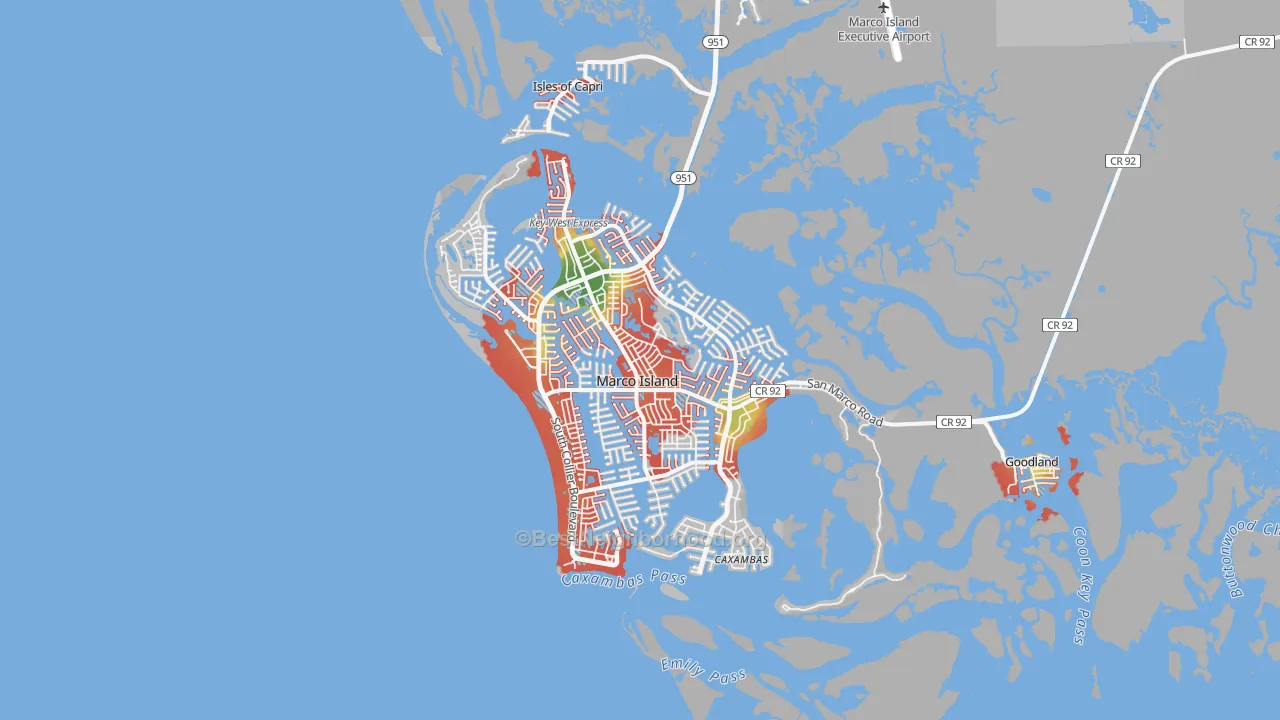 Walk Grade map of Marco Island, FL, walkable areas in green and car-dependent areas in red