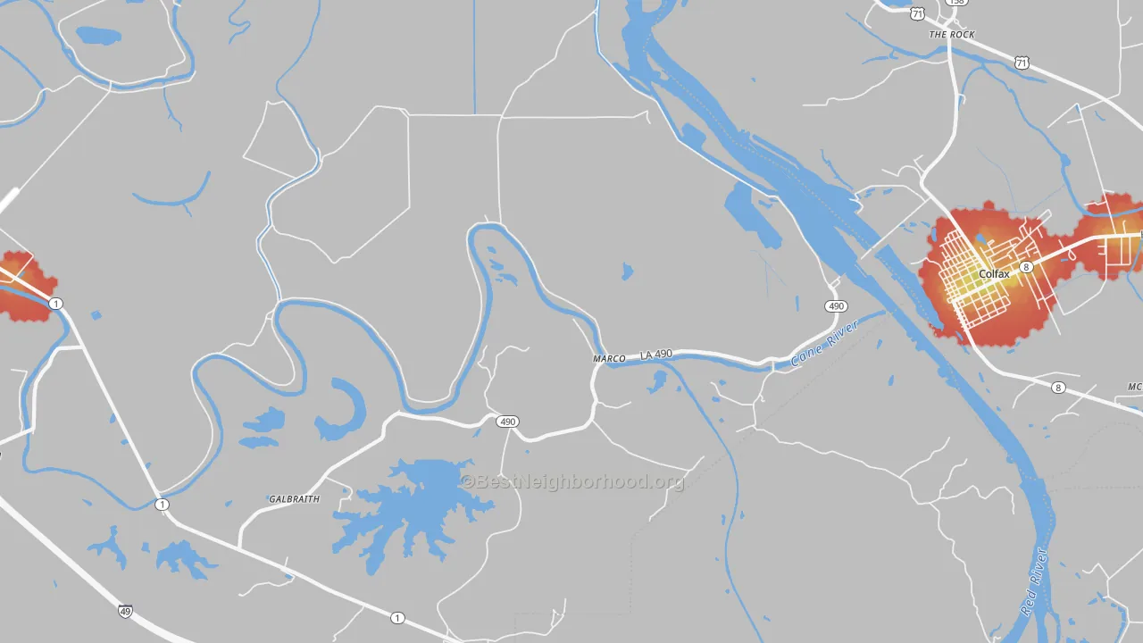 Walk Grade map of Marco, LA, walkable areas in green and car-dependent areas in red