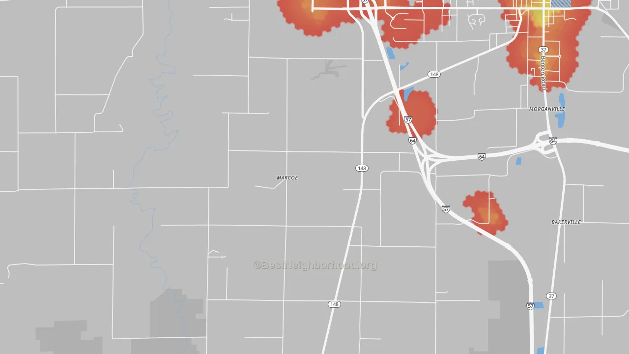 Walk Grade map of Marcoe, IL, walkable areas in green and car-dependent areas in red