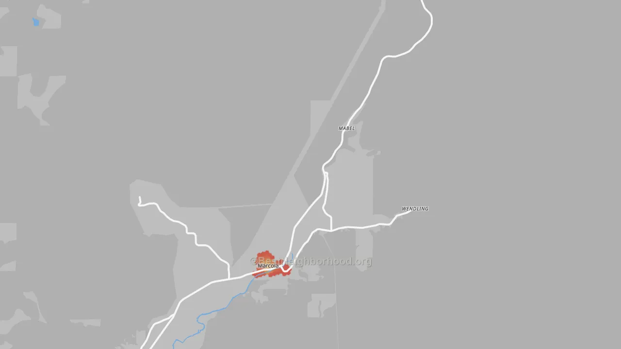 Walk Grade map of Marcola, OR, walkable areas in green and car-dependent areas in red