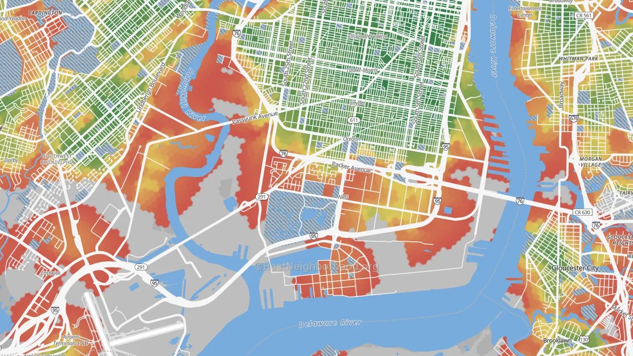 Walk Grade map of Marconi Plaza-Packer Park, Philadelphia, PA, walkable areas in green and car-dependent areas in red