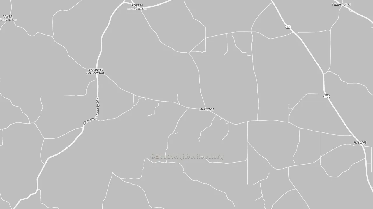 Walk Grade map of Marcoot, AL, walkable areas in green and car-dependent areas in red