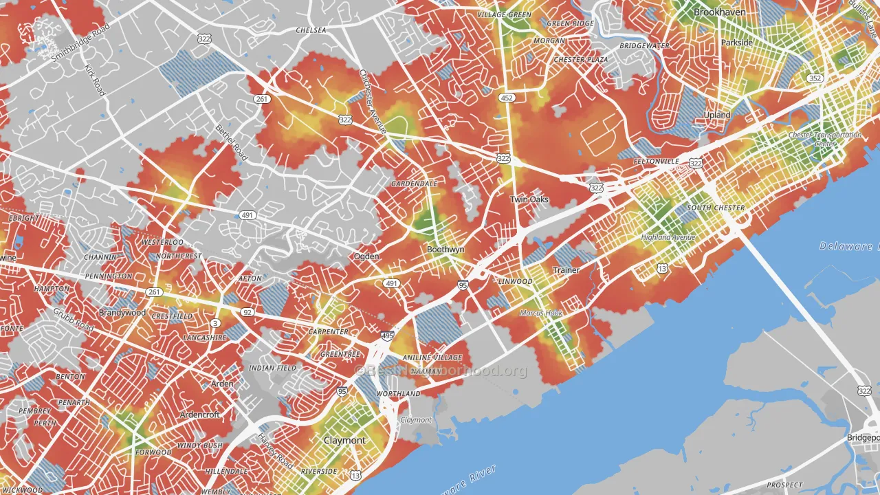 Walk Grade map of Marcus Hook, PA, walkable areas in green and car-dependent areas in red