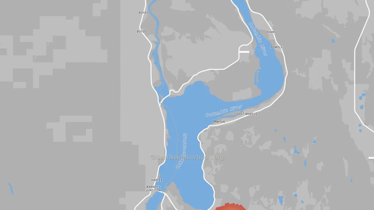 Walk Grade map of Marcus, WA, walkable areas in green and car-dependent areas in red