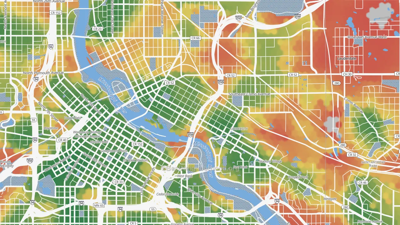 Walk Grade map of Marcy Holmes, Minneapolis, MN, walkable areas in green and car-dependent areas in red