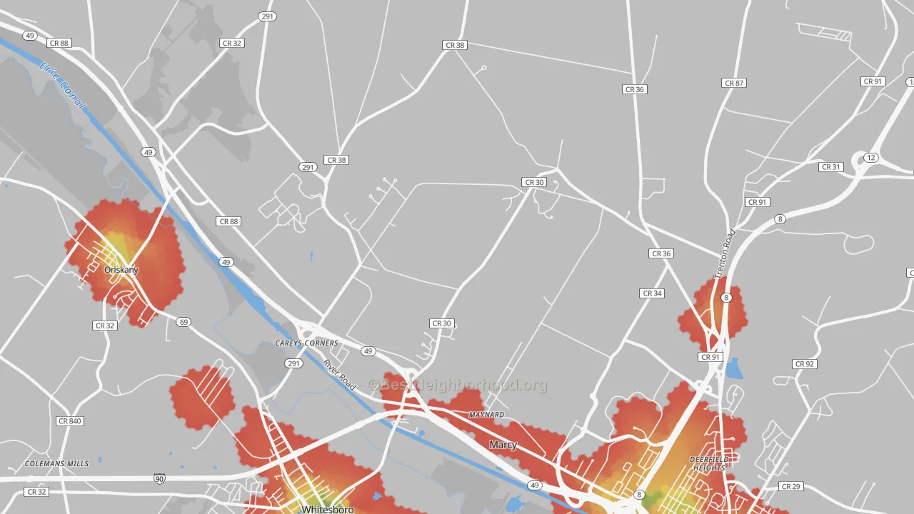 Walk Grade map of Marcy, NY, walkable areas in green and car-dependent areas in red