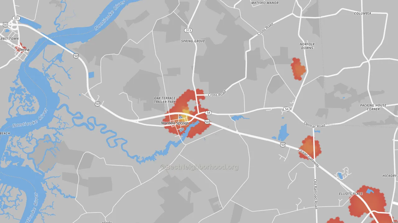 Walk Grade map of Mardela Springs, MD, walkable areas in green and car-dependent areas in red