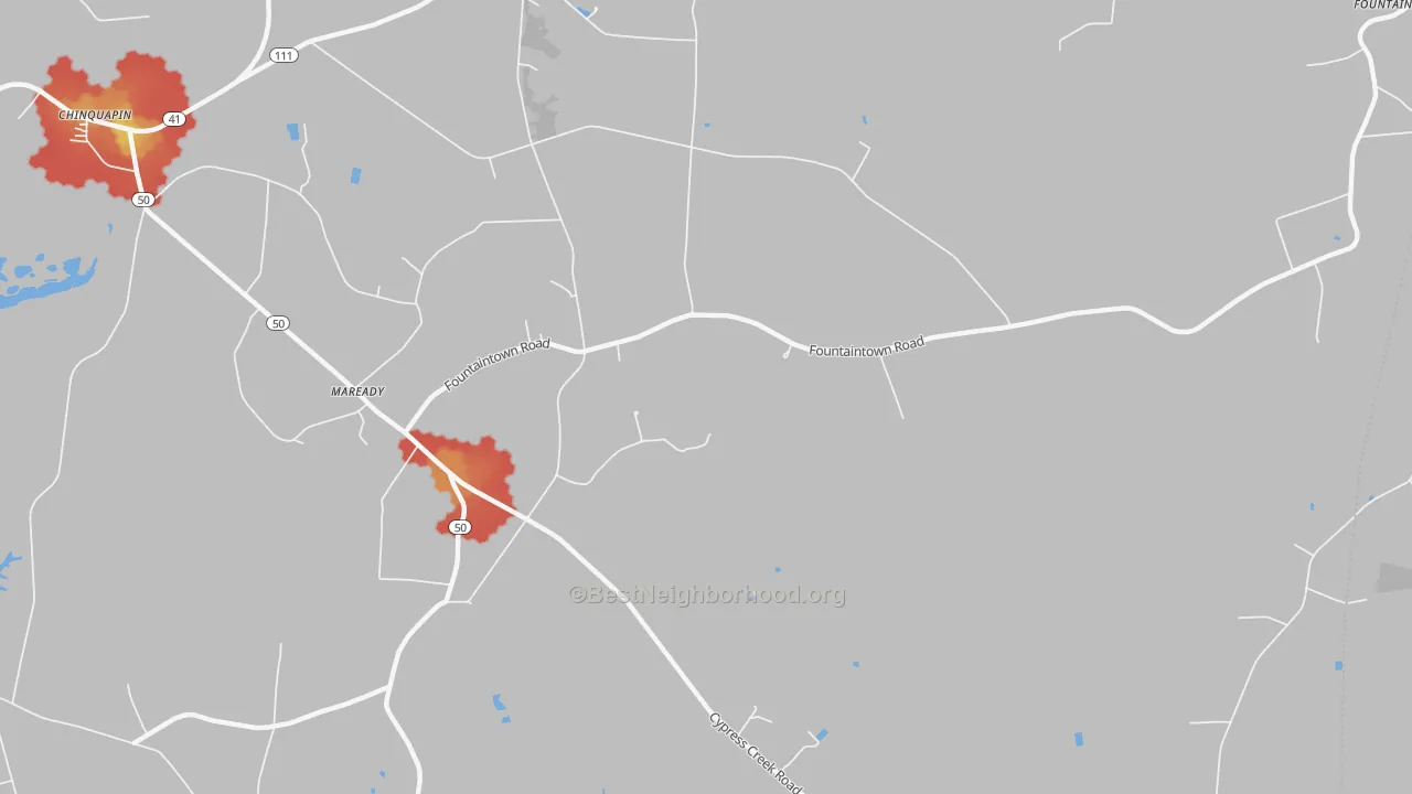 Walk Grade map of Maready, NC, walkable areas in green and car-dependent areas in red