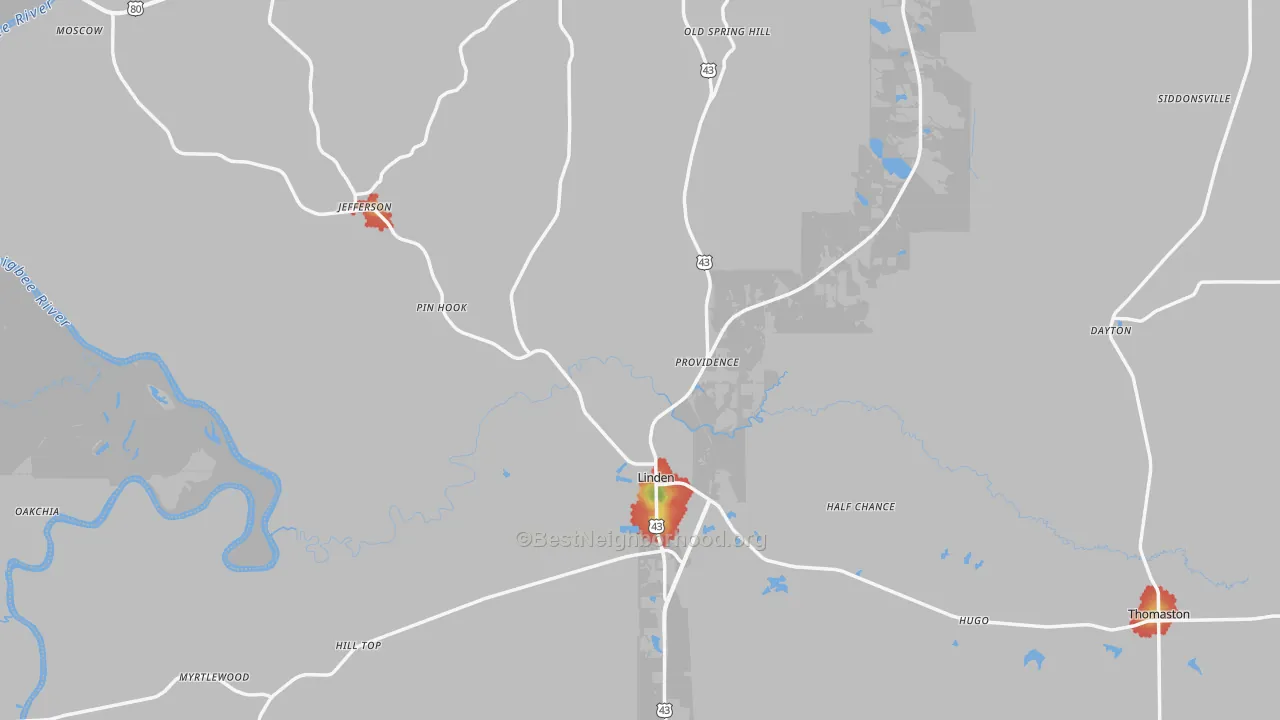 Walk Grade map of Marengo County, AL, walkable areas in green and car-dependent areas in red