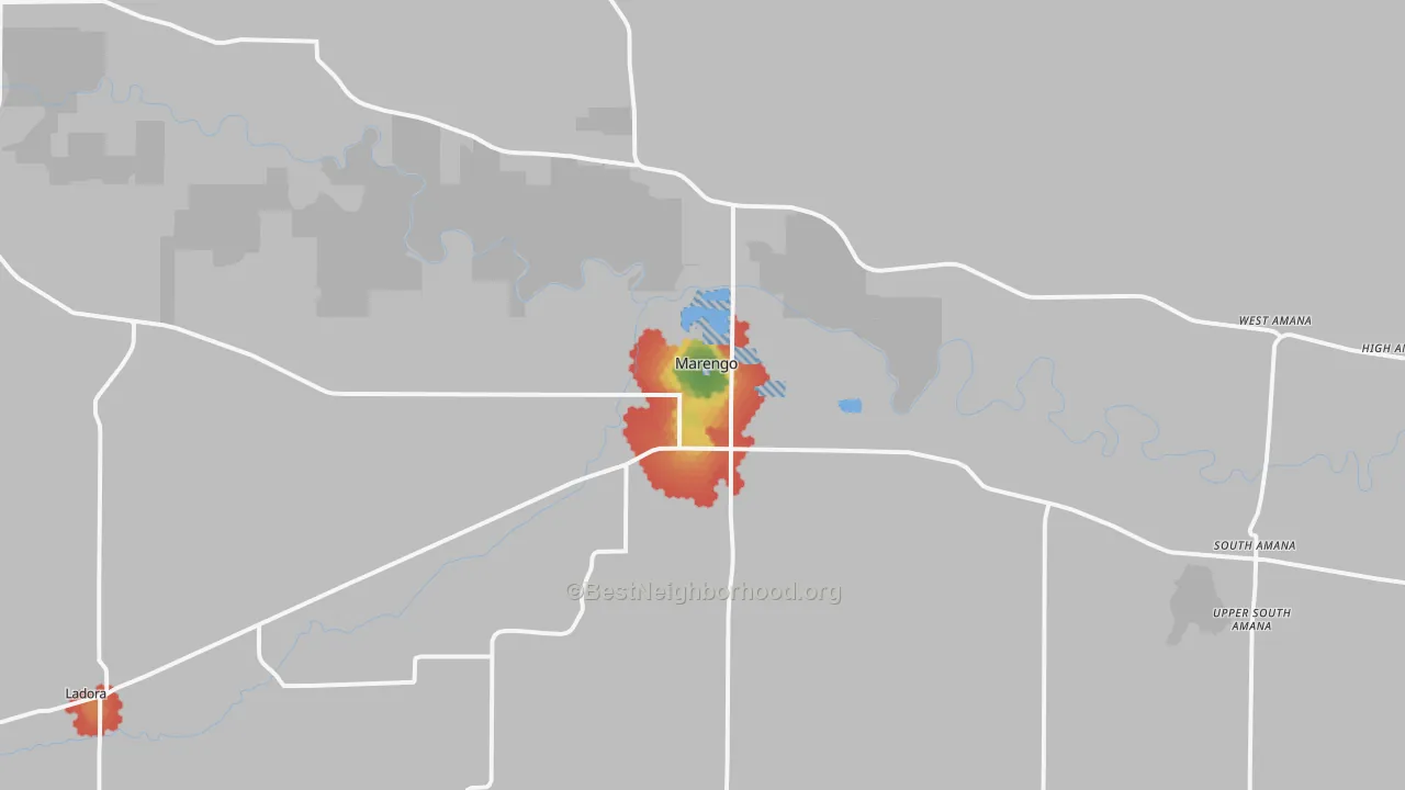 Walk Grade map of Marengo, IA, walkable areas in green and car-dependent areas in red