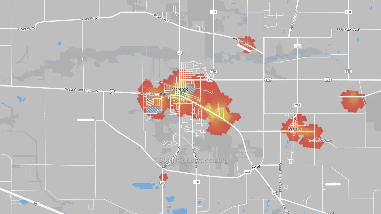 Walk Grade map of Marengo, IL, walkable areas in green and car-dependent areas in red