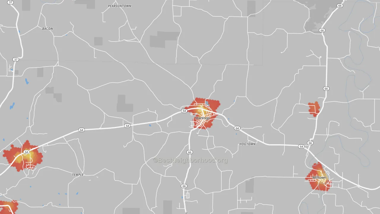 Walk Grade map of Marengo, IN, walkable areas in green and car-dependent areas in red