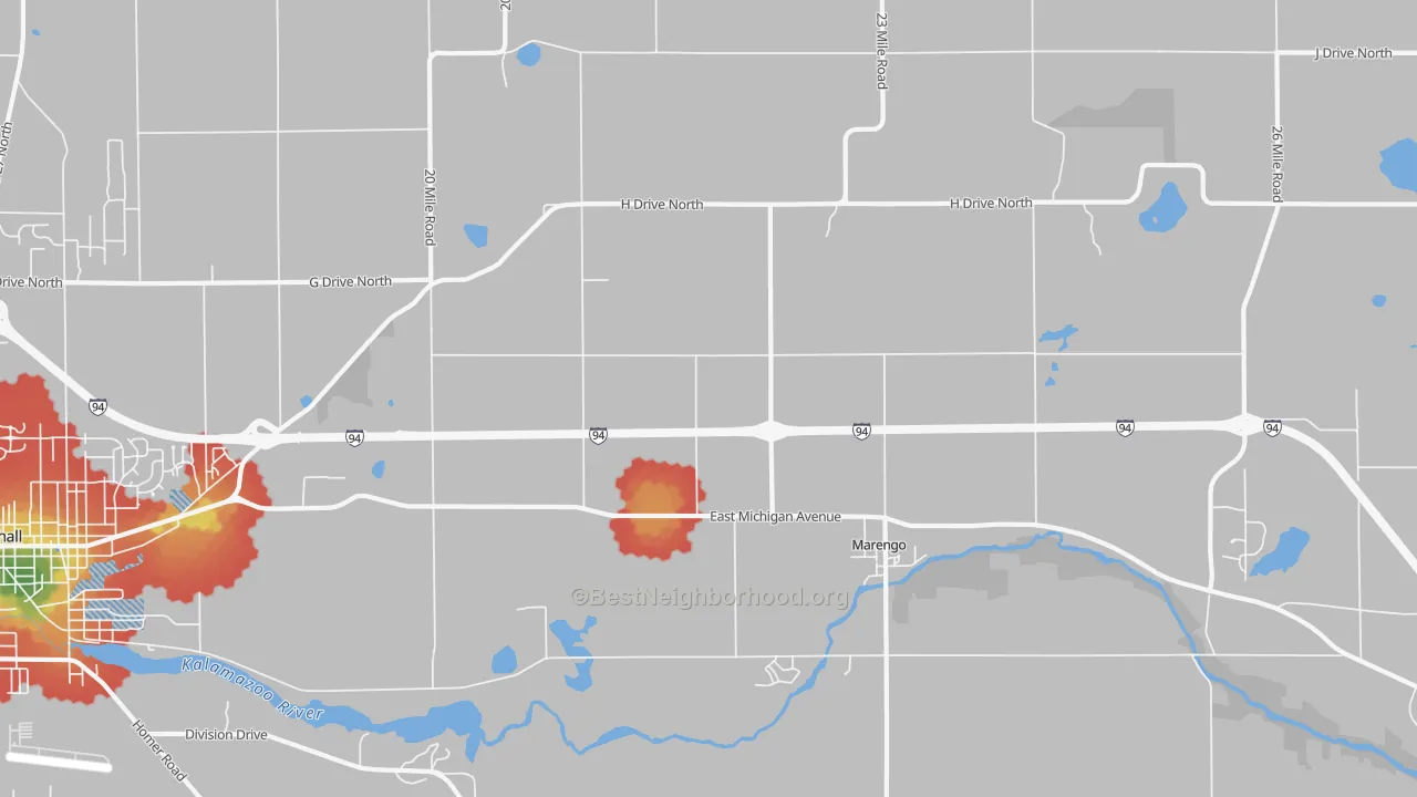 Walk Grade map of Marengo, MI, walkable areas in green and car-dependent areas in red