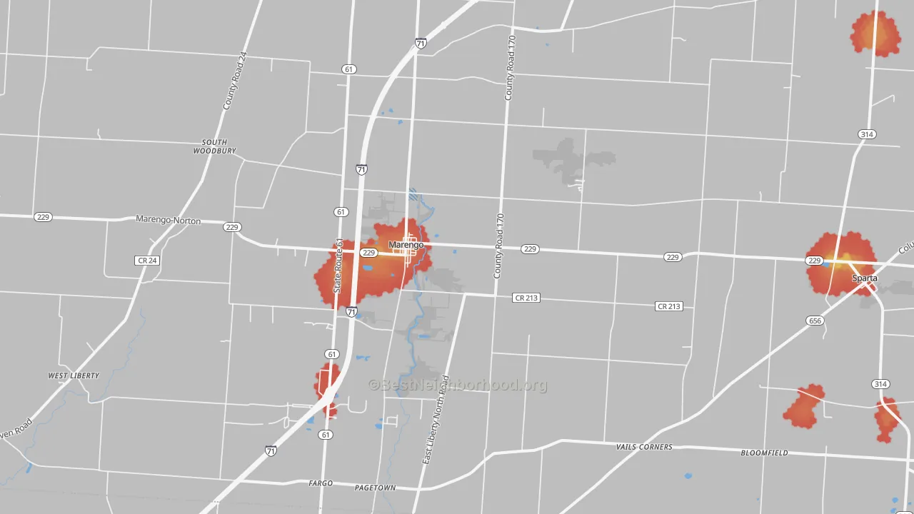 Walk Grade map of Marengo, OH, walkable areas in green and car-dependent areas in red