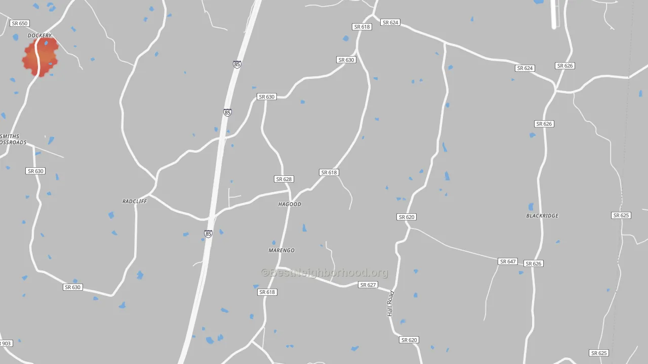 Walk Grade map of Marengo, VA, walkable areas in green and car-dependent areas in red