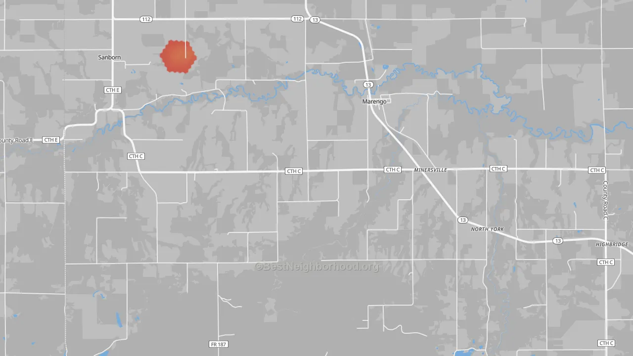 Walk Grade map of Marengo, WI, walkable areas in green and car-dependent areas in red
