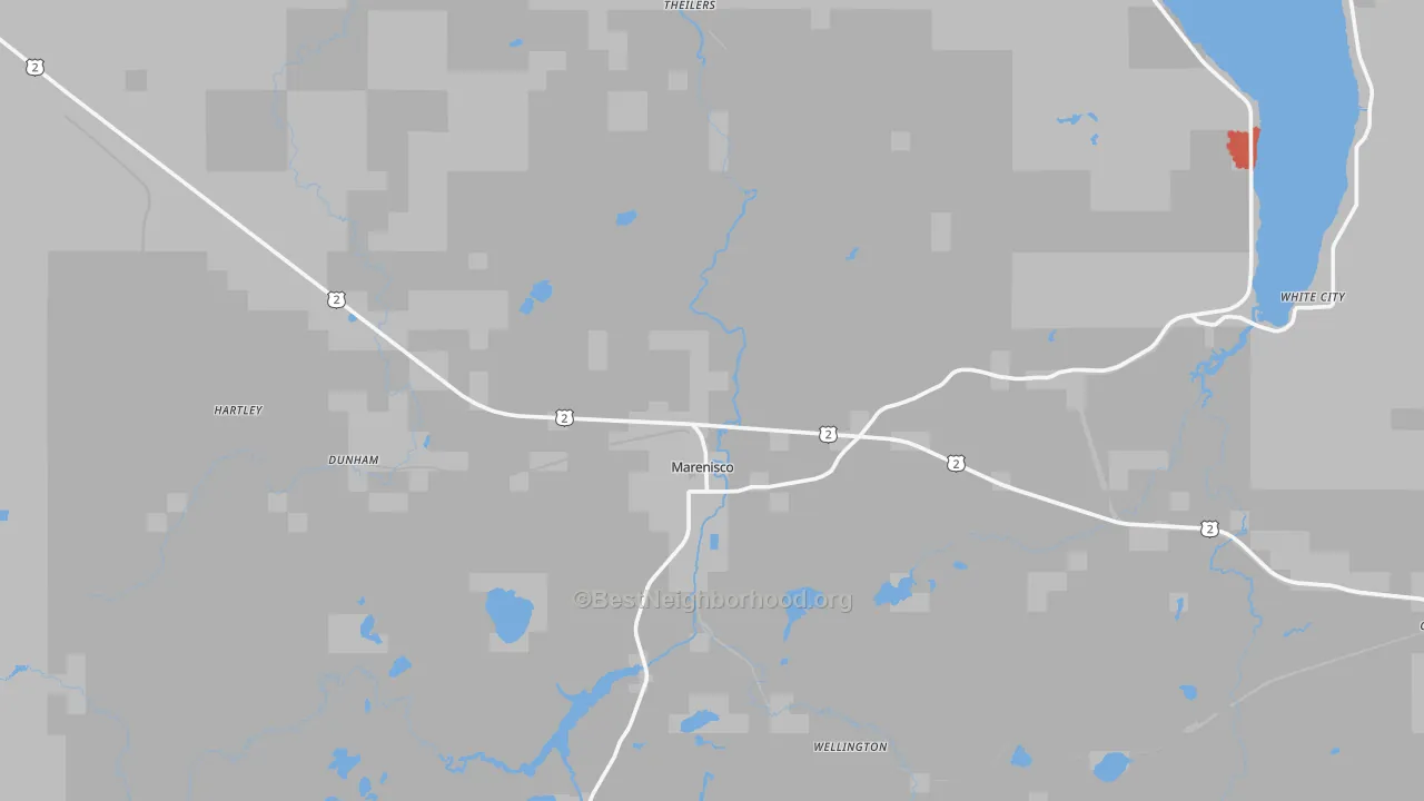 Walk Grade map of Marenisco, MI, walkable areas in green and car-dependent areas in red