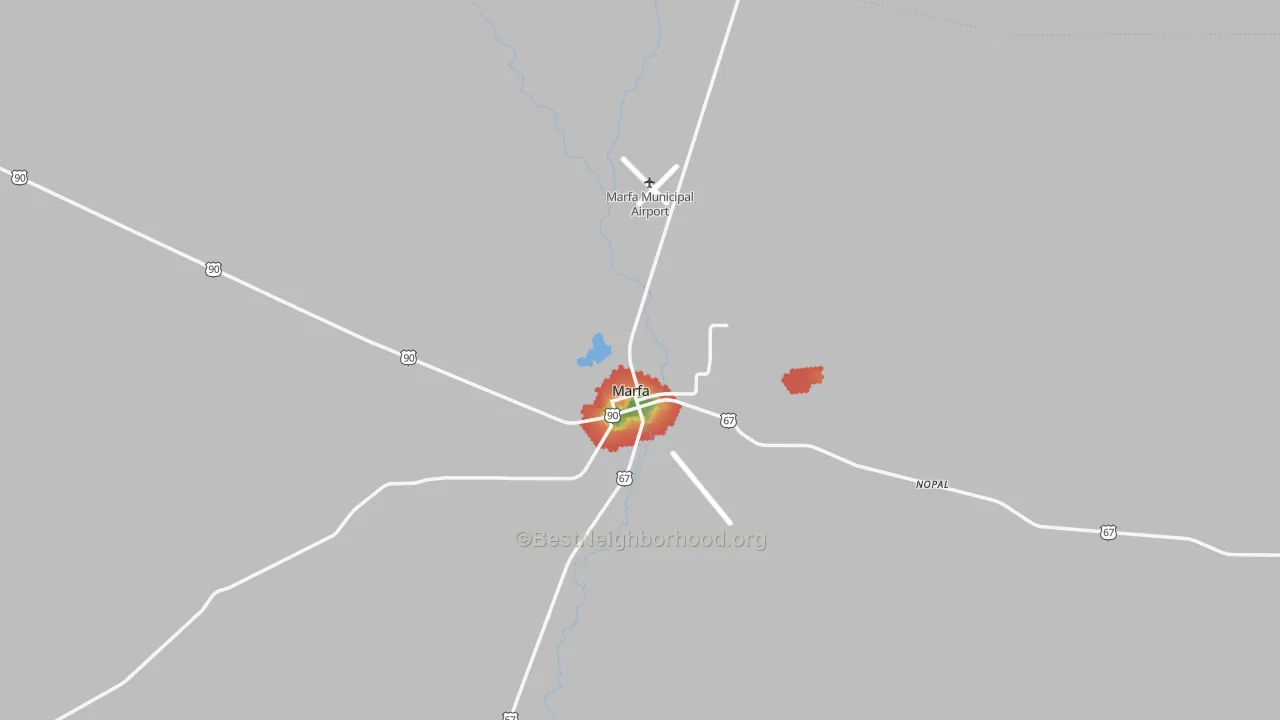 Walk Grade map of Marfa, TX, walkable areas in green and car-dependent areas in red