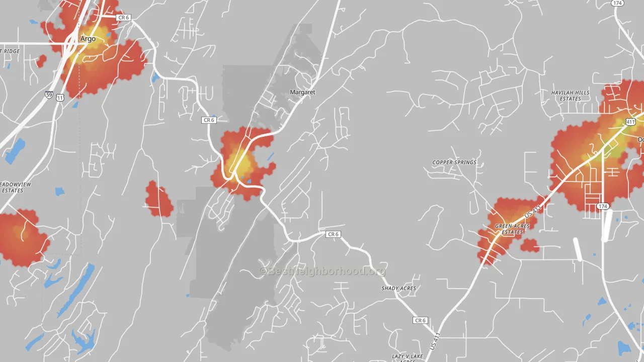 Walk Grade map of Margaret, AL, walkable areas in green and car-dependent areas in red