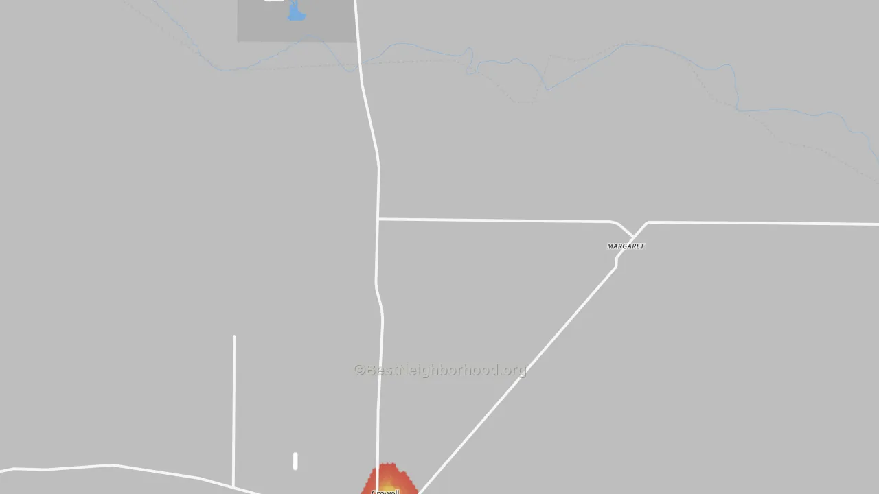 Walk Grade map of Margaret, TX, walkable areas in green and car-dependent areas in red