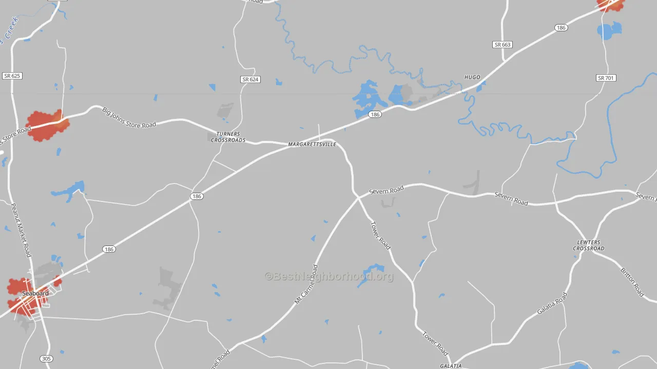 Walk Grade map of Margarettsville, NC, walkable areas in green and car-dependent areas in red