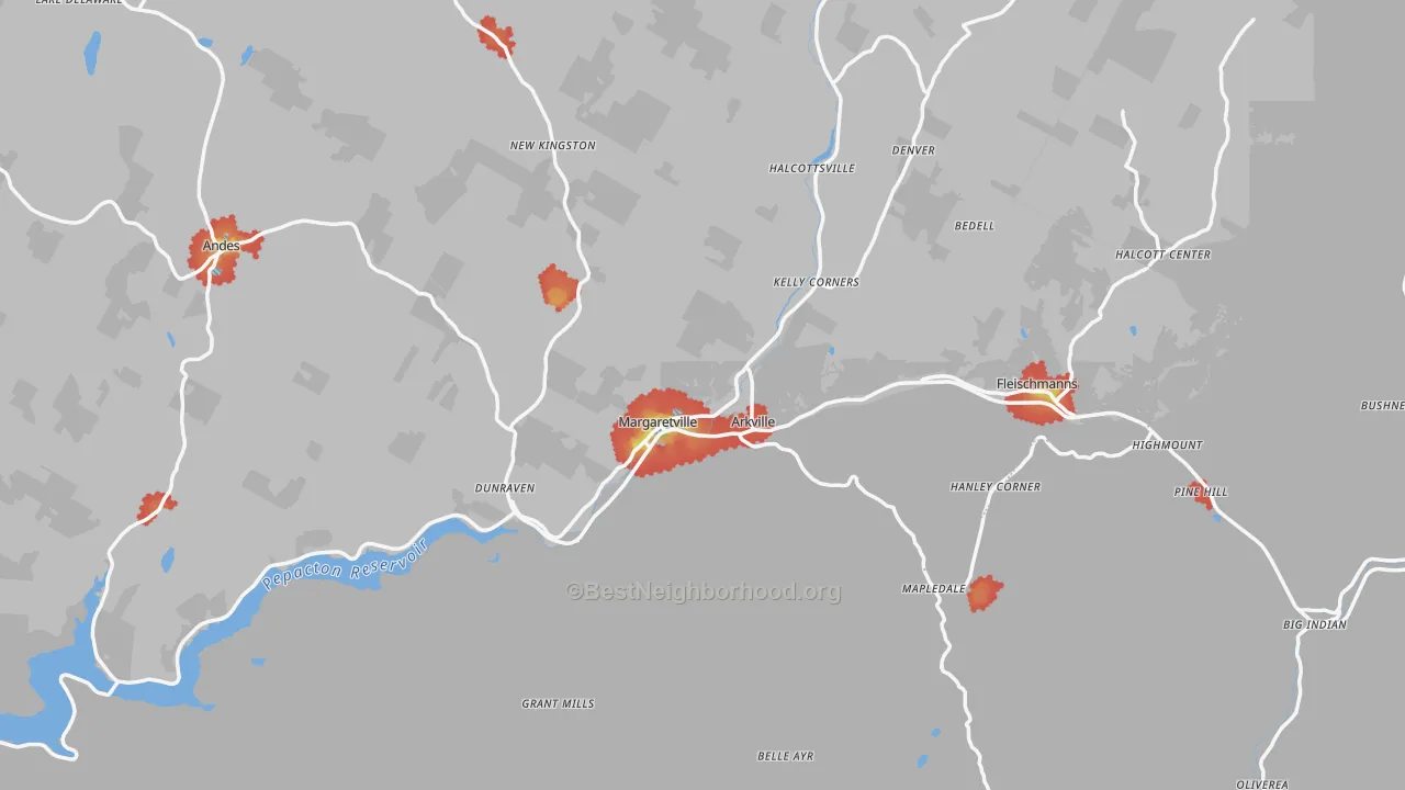 Walk Grade map of Margaretville, NY, walkable areas in green and car-dependent areas in red