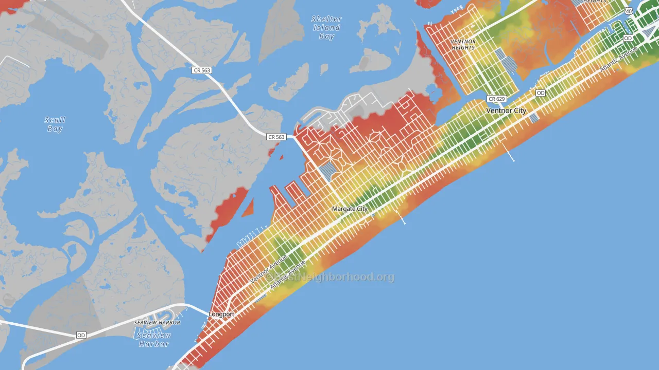 Walk Grade map of Margate City, NJ, walkable areas in green and car-dependent areas in red