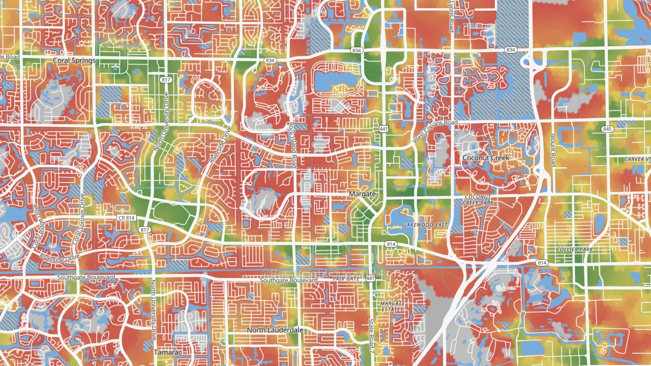 Walk Grade map of Margate, FL, walkable areas in green and car-dependent areas in red