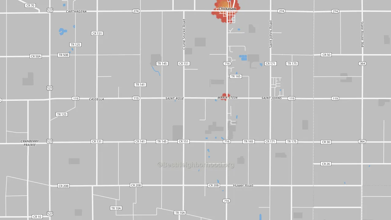 Walk Grade map of Maria Stein, OH, walkable areas in green and car-dependent areas in red