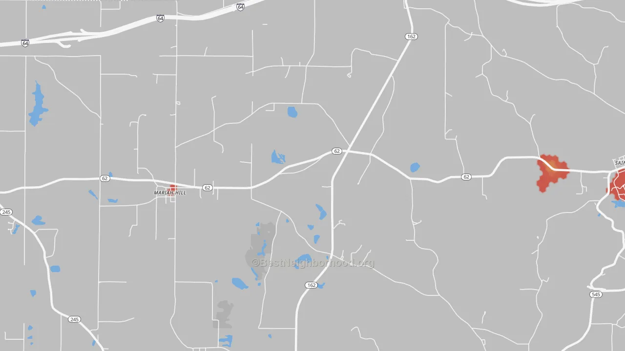 Walk Grade map of Mariah Hill, IN, walkable areas in green and car-dependent areas in red