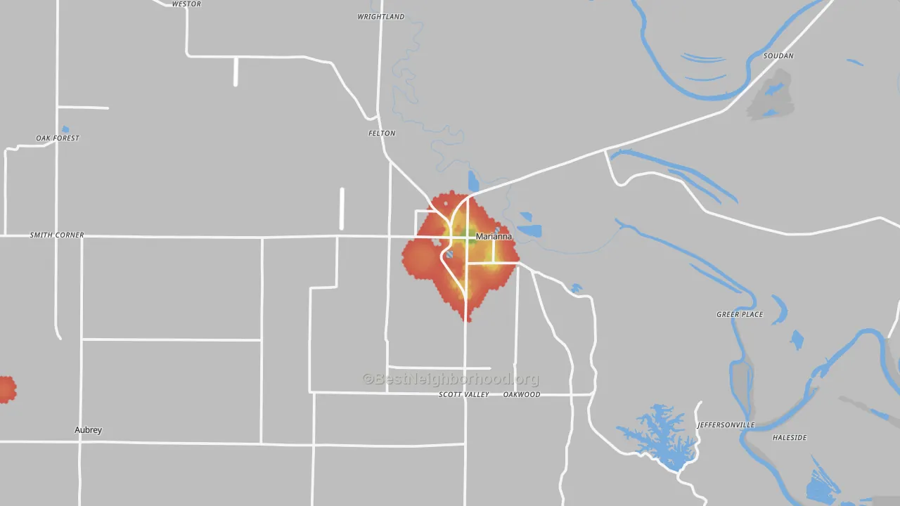 Walk Grade map of Marianna, AR, walkable areas in green and car-dependent areas in red