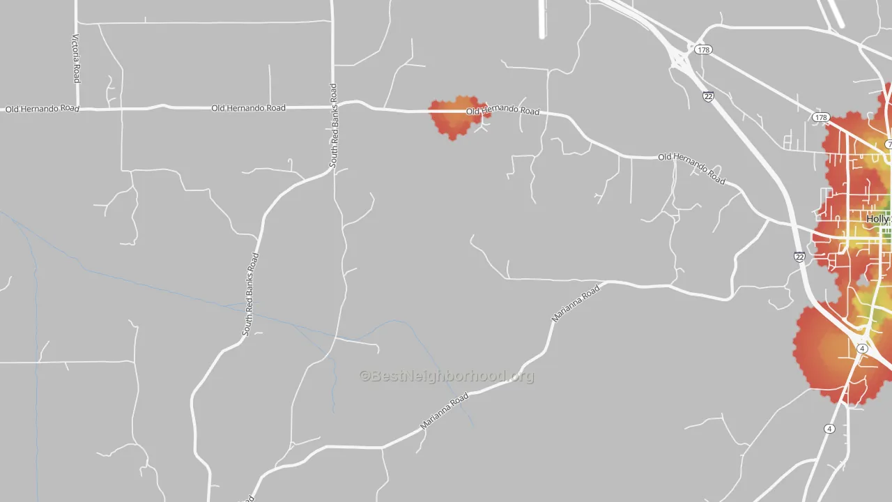 Walk Grade map of Marianna, MS, walkable areas in green and car-dependent areas in red